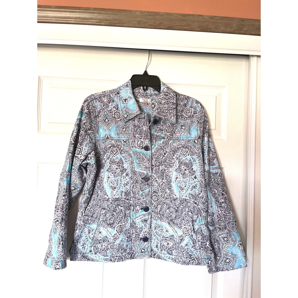 Baxter & Wells Womens Blue Paisley Button Front Jacket Size Medium Collared Boho